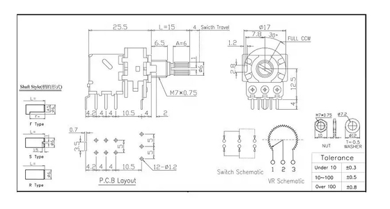 ลูกบิด PCB 10k โพเทนชิออมิเตอร์แบบหมุน 0.2W หม้อต้านทานตัวแปร DPDT